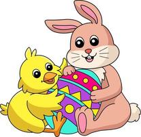 coniglio e pulcino che abbracciano l'illustrazione dell'uovo di Pasqua vettore