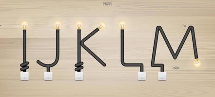 i,j,k,l,m - set di lettere dell'alfabeto loft. alfabeto astratto della lampadina e dell'interruttore della luce su fondo di legno. vettore. vettore