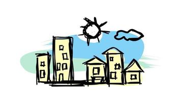 pennarello per disegnare a casa. città - bambino di disegno a mano. paesaggio urbano urbano - arte del bambino. case, sole e cielo - ClipArt vettoriali. la pace vettore