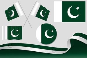set di bandiere pakistane in diversi modelli, icona, bandiere sventolanti con nastro con sfondo. vettore