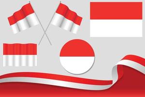 set di bandiere dell'Indonesia in diversi disegni icona scuotimento bandiere con nastro con sfondo. vettore