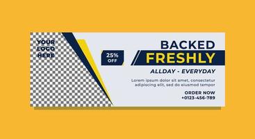 grafica vettoriale del design di banner web con combinazione di colori blu scuro, giallo e bianco. perfetto per la promozione di prodotti da forno