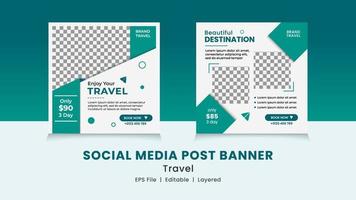 grafica vettoriale del banner post sui social media con combinazione di colori verde, bianco e nero. perfetto per la promozione delle agenzie di viaggio sui social media.