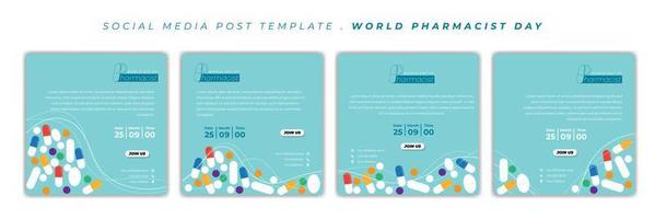 set di modello di post sui social media con design di sfondo di droghe. design della giornata mondiale del farmacista. vettore