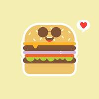 hamburger carino divertente sorridente felice. disegno dell'icona dell'illustrazione del personaggio dei cartoni animati piatto vettoriale. isolato su sfondo colorato. hamburger, fast food, cibo spazzatura, ristorante, resto vettore