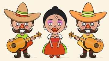 Illustrazione messicana di vettore dei musicisti con due uomini e una donna con le chitarre nei vestiti natali e nel vettore piano del sombrero