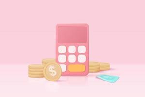 3d calcolatrice minima vettore rende il concetto di gestione finanziaria. calcolo della pianificazione del rischio finanziario, calcolatrice con pila di monete e banconote con concetto vettoriale 3d su sfondo rosa pastello