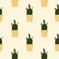 motivo cactus senza cuciture, succulento in vaso su sfondo di colore tenue. per tessuto, imballaggio, scatola, cartone, carta da imballaggio. vettore di stile cartone animato. cactus design piatto su colori pastello