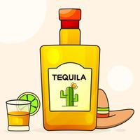 Sfondo messicano con una bottiglia fantasia di tequila. Nome Tequila Fancy Aggiunto. Modello per biglietto di auguri, invito o poster. Vettore