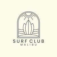 surf club con design del modello icona logo stile distintivo e line art. spiaggia di malibu, sole, mare, illustrazione vettoriale