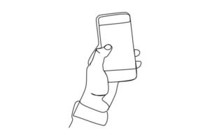 disegno a linea continua singola di telefono o smartphone in mano. design moderno e semplice. illustrazione vettoriale minimalismo design intelligente tecnologia mobile tema.