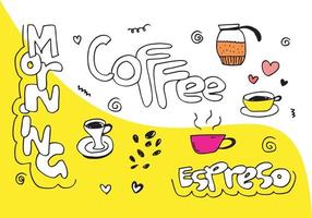 set di elementi del tempo del caffè con cibo, chicchi di caffè, vetro, latte e scritte text.vector illustrazione. vettore