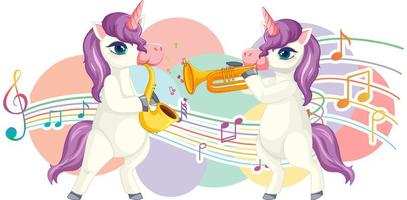carino unicorno viola che suona la tromba con note musicali su sfondo bianco vettore