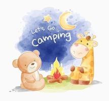 slogan da campeggio con simpatici cartoni animati di animali con illustrazione di fuoco da campo vettore