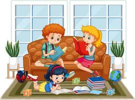 bambini che leggono libri a casa vettore