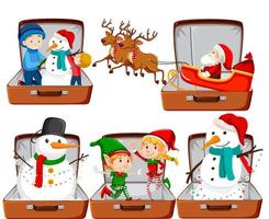 set di temi natalizi con babbo natale, pupazzo di neve nel bagaglio vettore