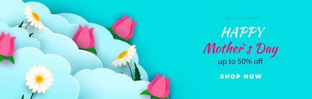 modello di intestazione o voucher di vendita per la festa della mamma felice. rose, margherite e nuvole tagliate di carta. banner orizzontale con cielo blu e fiori. sconti per l'illustrazione vettoriale delle vacanze