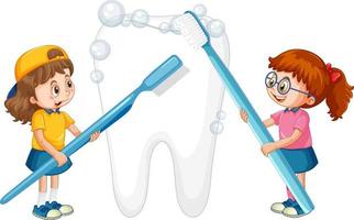 bambini felici che si lavano un grosso dente con uno spazzolino da denti su sfondo bianco vettore