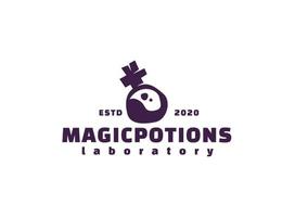 logo della pozione magica. pozione bottiglia viola con logo fluido