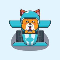 simpatico personaggio dei cartoni animati della mascotte del gatto che guida un'auto da corsa vettore