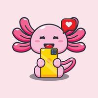 illustrazione della mascotte del fumetto di axolotl carino con il telefono vettore