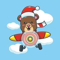 simpatico orso che indossa il cappello di Babbo Natale vola con l'aereo. simpatico cartone animato di natale illustrazione. vettore