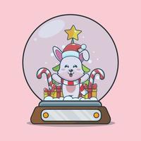 simpatico coniglietto nel globo di neve. simpatico cartone animato di natale illustrazione. vettore