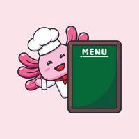 simpatico personaggio dei cartoni animati della mascotte dello chef di axolotl con la scheda del menu vettore