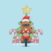 carino castoro che trasporta il regalo di natale con la moto. simpatico cartone animato di natale illustrazione. vettore