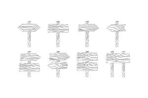 vettore di tabellone per le affissioni vuoto in legno linea nera. disegno a linea continua del cartello di direzione in legno sul palo. schizzo vettoriale della vecchia guida con tavola a forma di freccia in un contorno nero