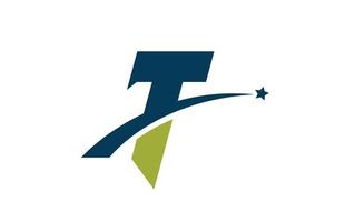 icona del logo della lettera dell'alfabeto blu verde t con la stella. design creativo per azienda o affari con swoosh vettore