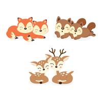 Set di simpatici animali del bosco coppia. Cartone animato di volpi, cervi, scoiattoli. vettore
