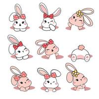 gruppo di simpatico coniglietto bianco giocoso coniglio nella raccolta del foro, animale giocoso cartone animato disegno a mano vettore contorno, coniglietto dolce bambina