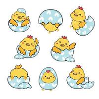 gruppo di simpatici polli in una collezione di uova di Pasqua blu rotte, giocoso animale cartone animato disegno a mano vettore di contorno