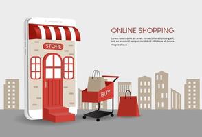 illustrazione dello shopping online, c'è un cellulare bianco, un carrello della spesa rosso e una borsa della spesa. design per sito Web, banner di vendita, pagina di destinazione, app mobile, negozio online, negozio online, business vettore