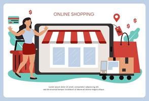 le donne felici con lo shopping sul cellulare pagano con carta di credito. acquisti online in un negozio online su un sito Web o un'applicazione mobile. il concetto di vettore ama lo shopping. design per la vendita banner, marketing digitale.