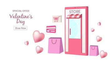 amore concetto sfondo rosa. acquista online per San Valentino. invia regali speciali con comodità mobile e sicuro. banner per la promozione online o il negozio website.online sull'applicazione mobile.vector vettore