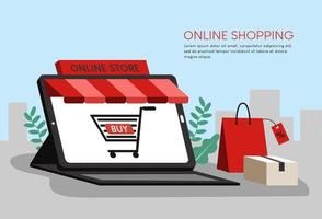 illustrazione dello shopping online, c'è un cellulare bianco, un carrello della spesa rosso e una borsa della spesa. design per sito Web, banner di vendita, pagina di destinazione, app mobile, negozio online, negozio online, business vettore