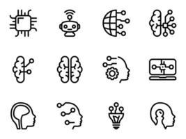 set di icone vettoriali nere, isolate su sfondo bianco. illustrazione piatta su un tema intelligenza artificiale, integrazione con il cervello umano. linea, contorno, tratto