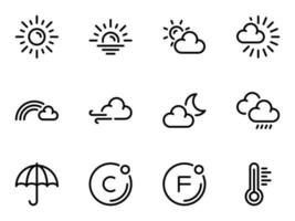set di icone vettoriali nere, isolate su sfondo bianco. illustrazione piatta su un tema condizioni meteorologiche e designazioni. linea, contorno, tratto