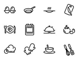 set di icone vettoriali nere, isolate su sfondo bianco. illustrazione su un tema ingredienti e processo per fare le uova strapazzate o la colazione