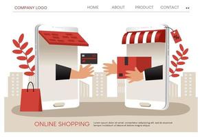 illustrazione dello shopping online, c'è un cellulare bianco, un carrello della spesa rosso e una borsa della spesa. design per sito Web, banner di vendita, pagina di destinazione, app mobile, negozio online, negozio online, business vettore