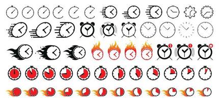 grande set di icone vettoriali moderne relative all'ora e alla velocità dell'orologio. include icone come timer, velocità, sveglia, ripristino, gestione del tempo e altro ancora. i fusi orari sono impostati. disegno del cronometro. disegno vettoriale.