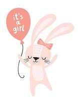 carta baby shower. è una coniglietta rosa con un palloncino. simpatico personaggio di coniglio. illustrazione di arte della parete della scuola materna. vettore