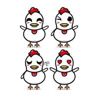 collezione di set di pollo carino. illustrazione vettoriale personaggio mascotte di pollo in stile piatto cartone animato. isolato su sfondo bianco. simpatico personaggio pollo mascotte logo idea bundle concept