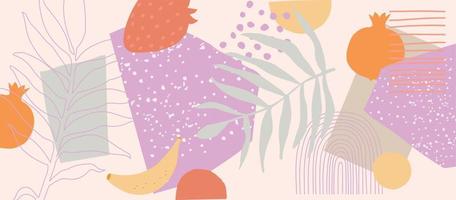illustrazione vettoriale di poster botanico. disegno del fogliame con forme astratte e frutta. foglie organiche e stampa artistica di frutta. disegno astratto di elementi di doodle per sfondo, carta da parati, carta, arte della parete
