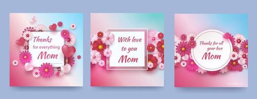 set di carte con fiori primaverili e cuori su uno sfondo sfumato. simboli vettoriali d'amore a forma di cuore per biglietti di auguri di design buona festa della mamma.