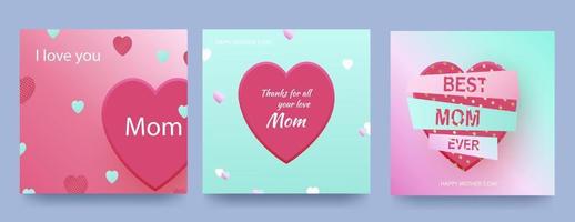 set di carte per la festa della mamma con cuori rosa su uno sfondo sfumato simboli d'amore a forma di cuore vettoriale per un felice biglietto di auguri per la festa della mamma.