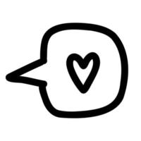 vettore disegnato a mano doodle discorso, bolla di pensiero, nuvola di conversazione con cuore su sfondo bianco