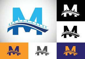 alfabeto lettera monogramma iniziale m con segno di ponte. modello di progettazione logo ponte astratto. logo vettoriale moderno per attività di costruzione e identità aziendale.